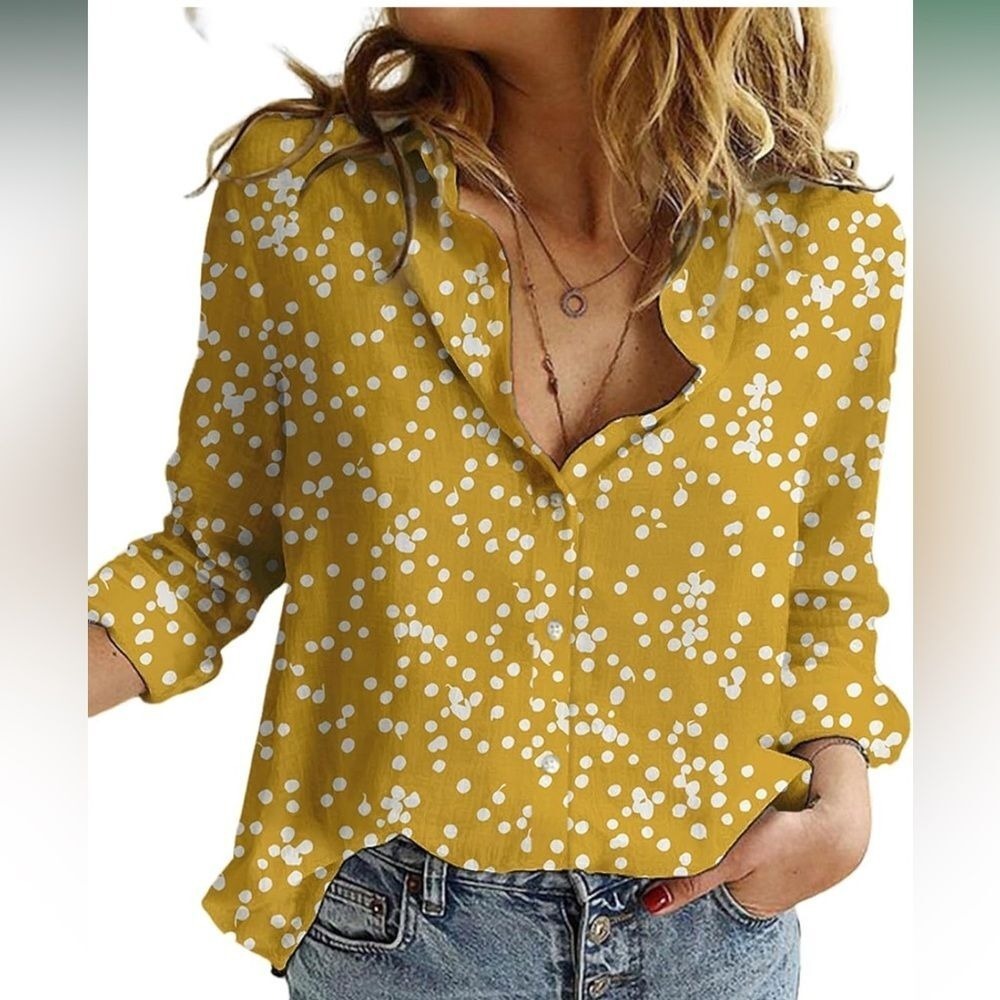 Dokotoo Mustard Yellow White Abstract Print Button‎ Down Blouse Small NWT